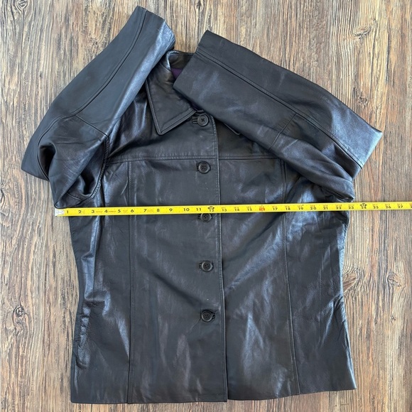 J.G. Hook Black Leather Jacket Womens Lg Button Front Purple Lined Classic Chic - Picture 6 of 15